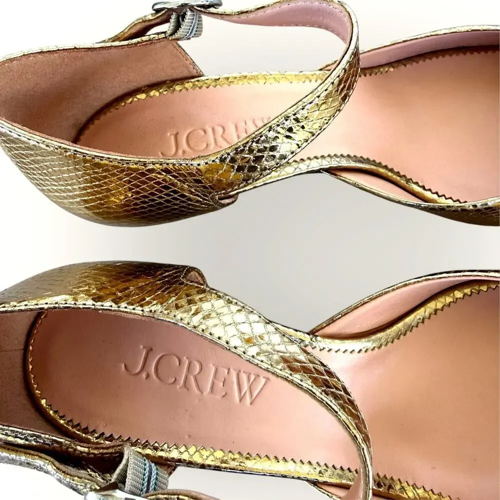 J. Crew Ankle Strap Heels Shoes Snake Embossed Leather Womens 8 Gold Silver